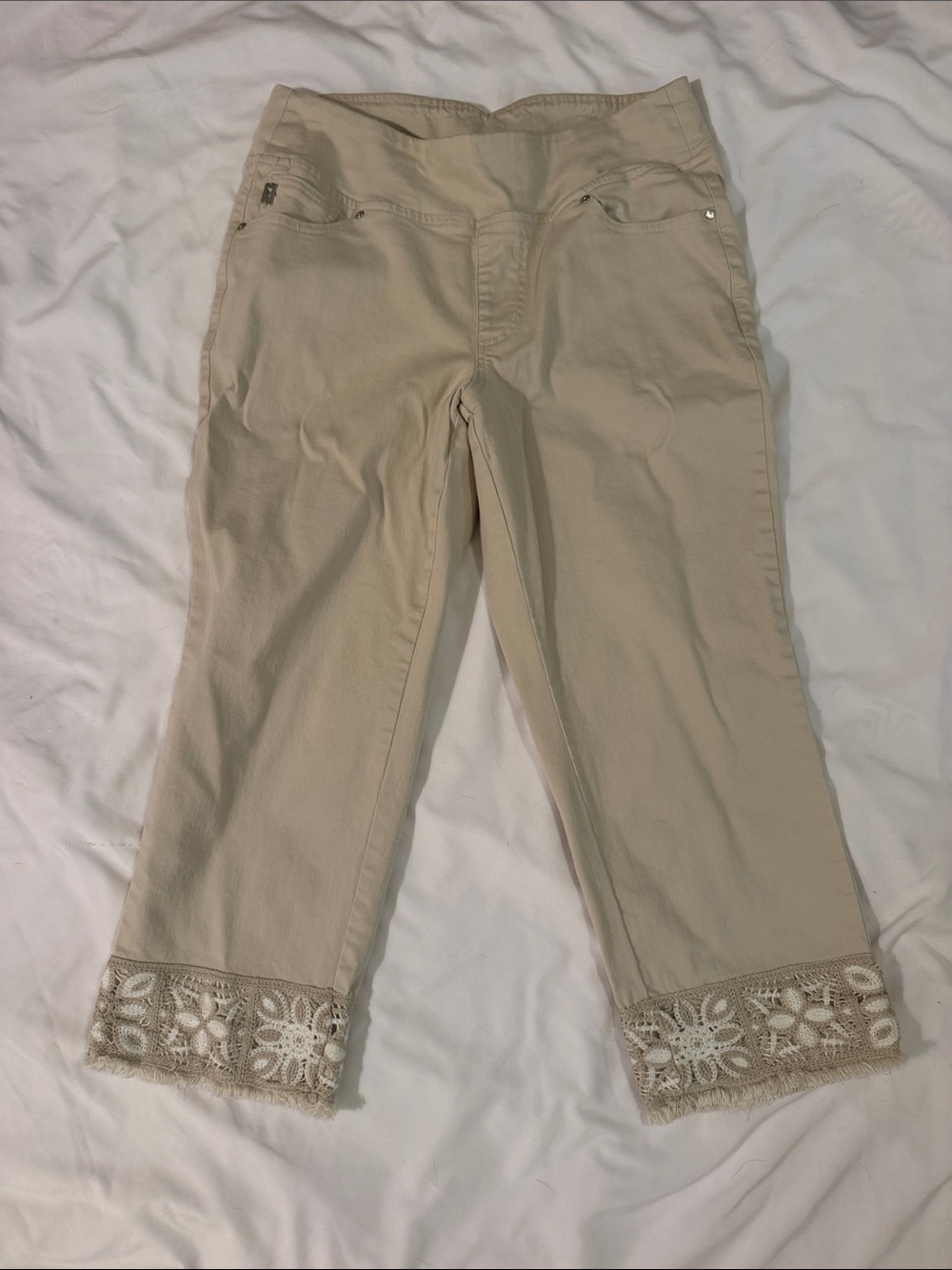 Belle by Kim Gravel Beige Cropped Jeans with Lace Hem